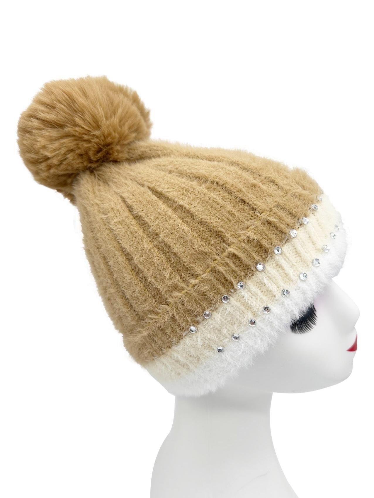 Winter New Velvet Warm Ear Protection Knitted Hat for Children Cute Plush Splicing Hoodie Riding Windproof with Rhinestone Detail