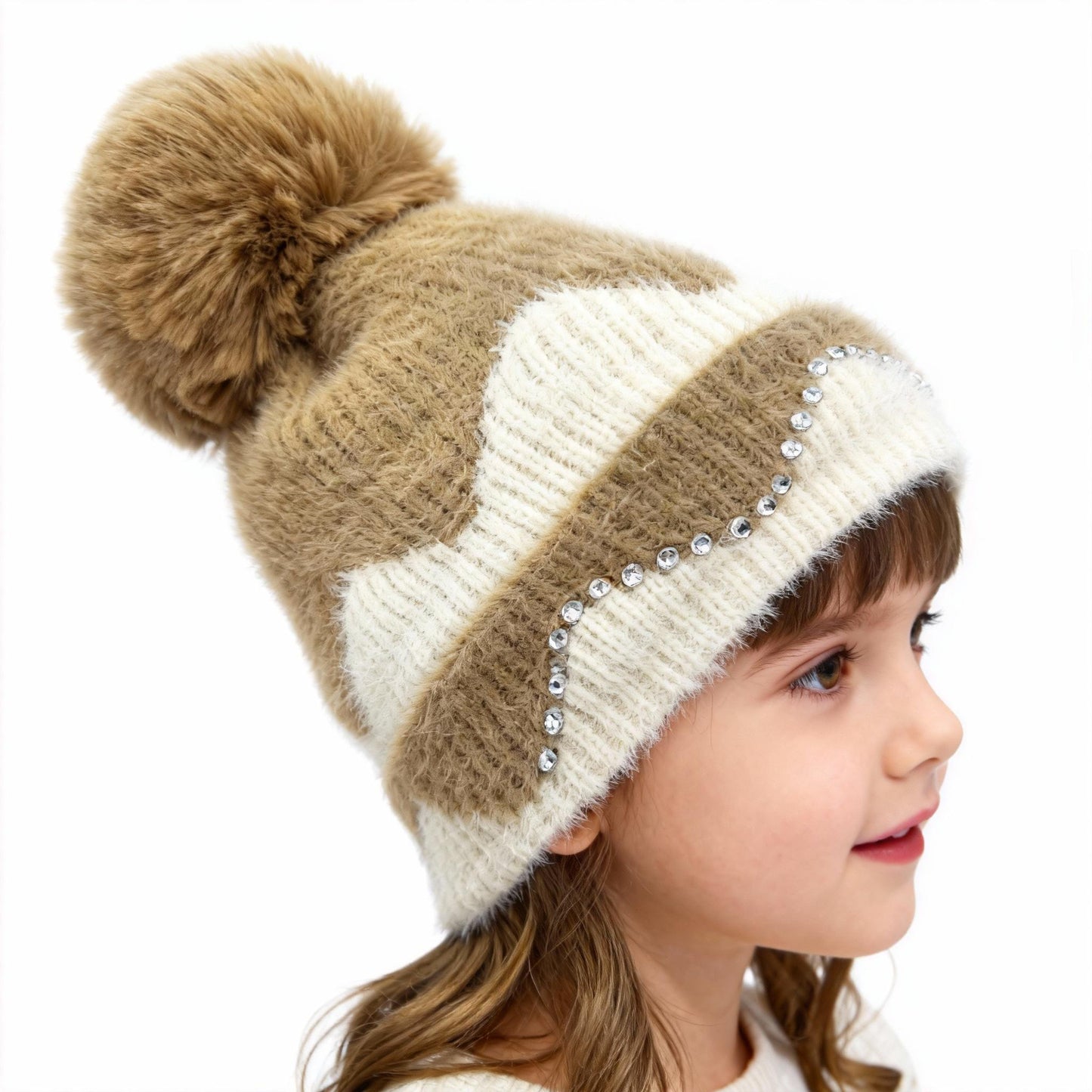 Double Layer Warm Plush Thickened Wool Ball Ear Protection Knitted Hat for Women Fashionable Jacquard Color Blocked Style