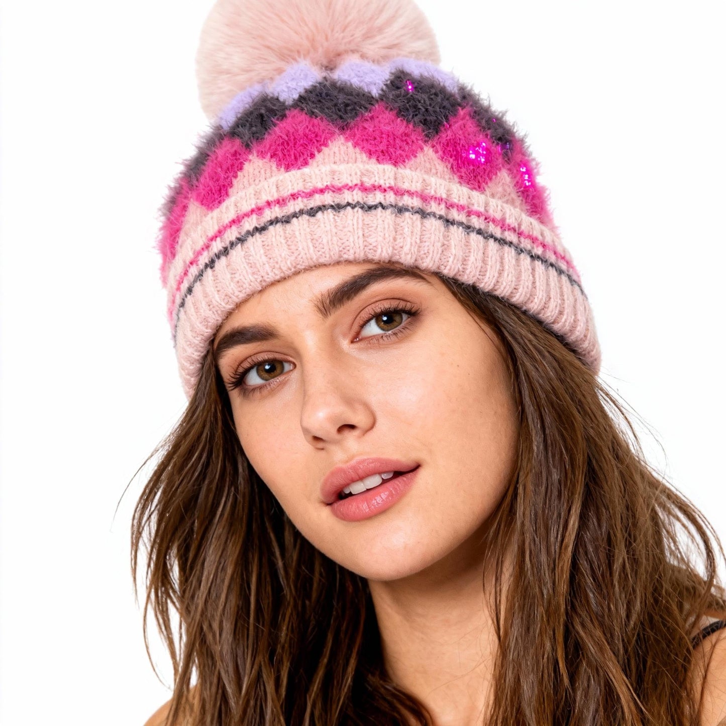 Winter Warm Hat Autumn Windproof Knitted Thick Woolen Hat Fashionable Trendy with Geometric Pattern and Pom-Pom