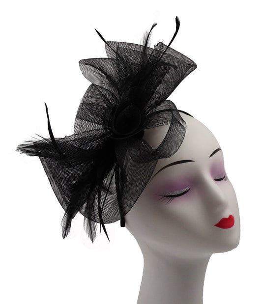 Large Folded Bow Knot Fascinator with Synthetic Curls & Feathers Elegant Design with Headband and Clip for Stylish Accessory
