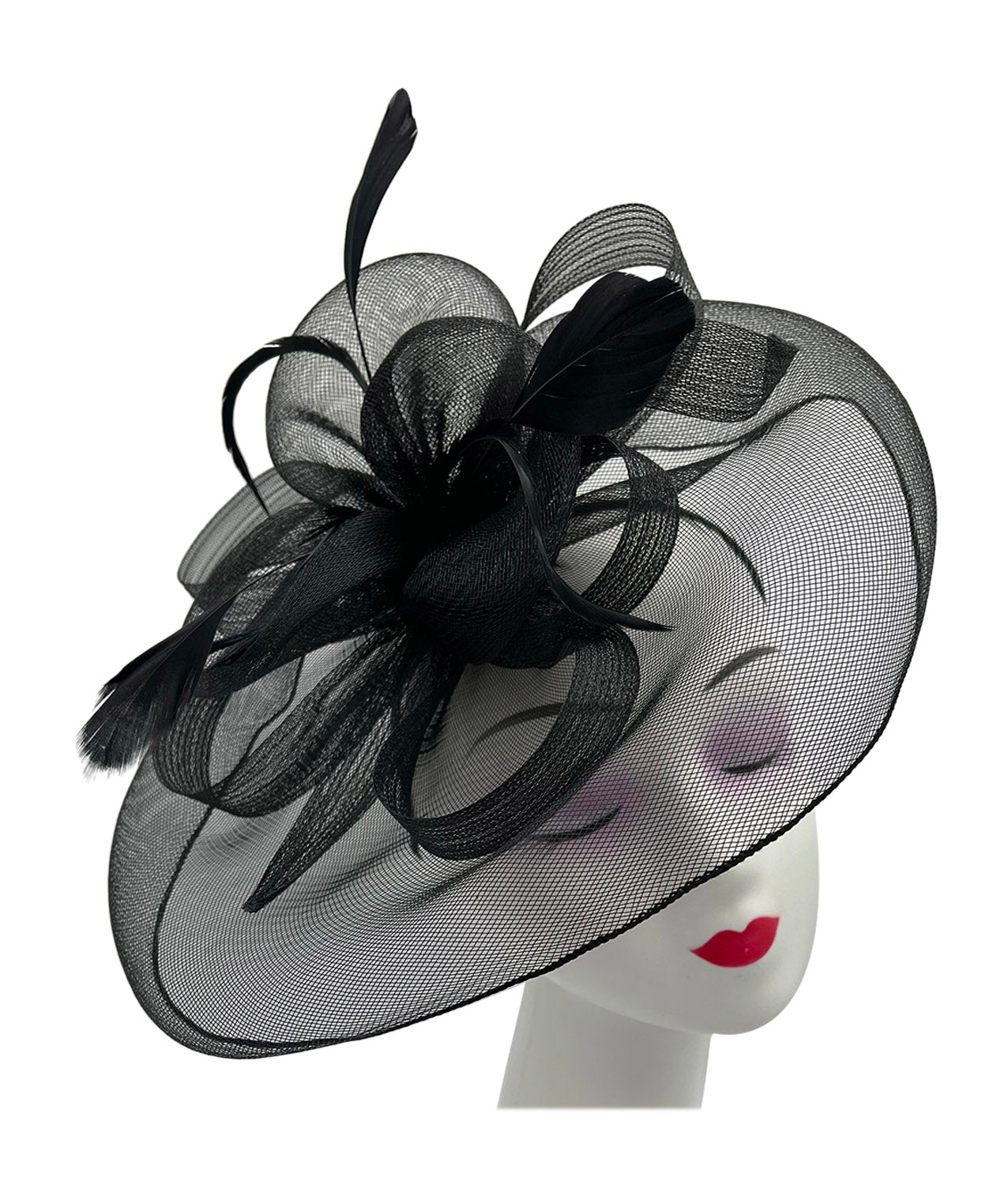 Large Mesh Net Fascinator with Side Flower & Feather