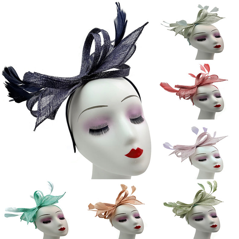 Bow Shaped Fascinator with Sinamay Curls and Feathers Detail