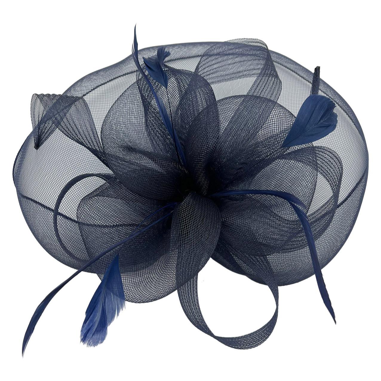 Large Mesh Net Fascinator with Side Flower & Feather