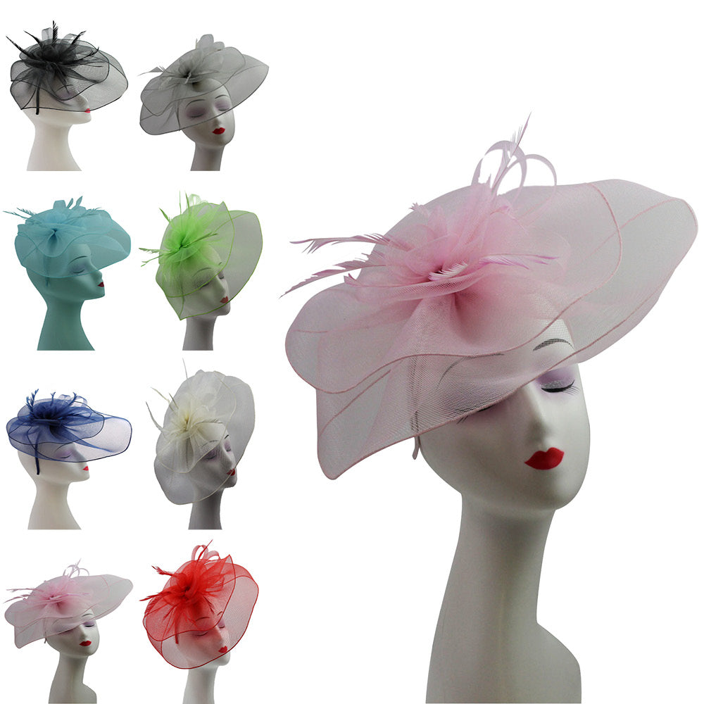 Large Floaty Two-Layer Fascinator, Synthetic Curls with Feathers  Flower & Feathers Detailing