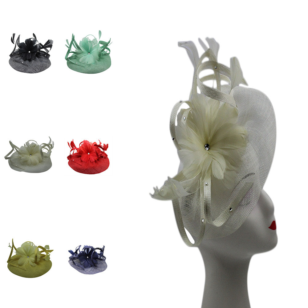 Large Fascinator with Sinamay Disc & Curled Feather for Special Occasions
