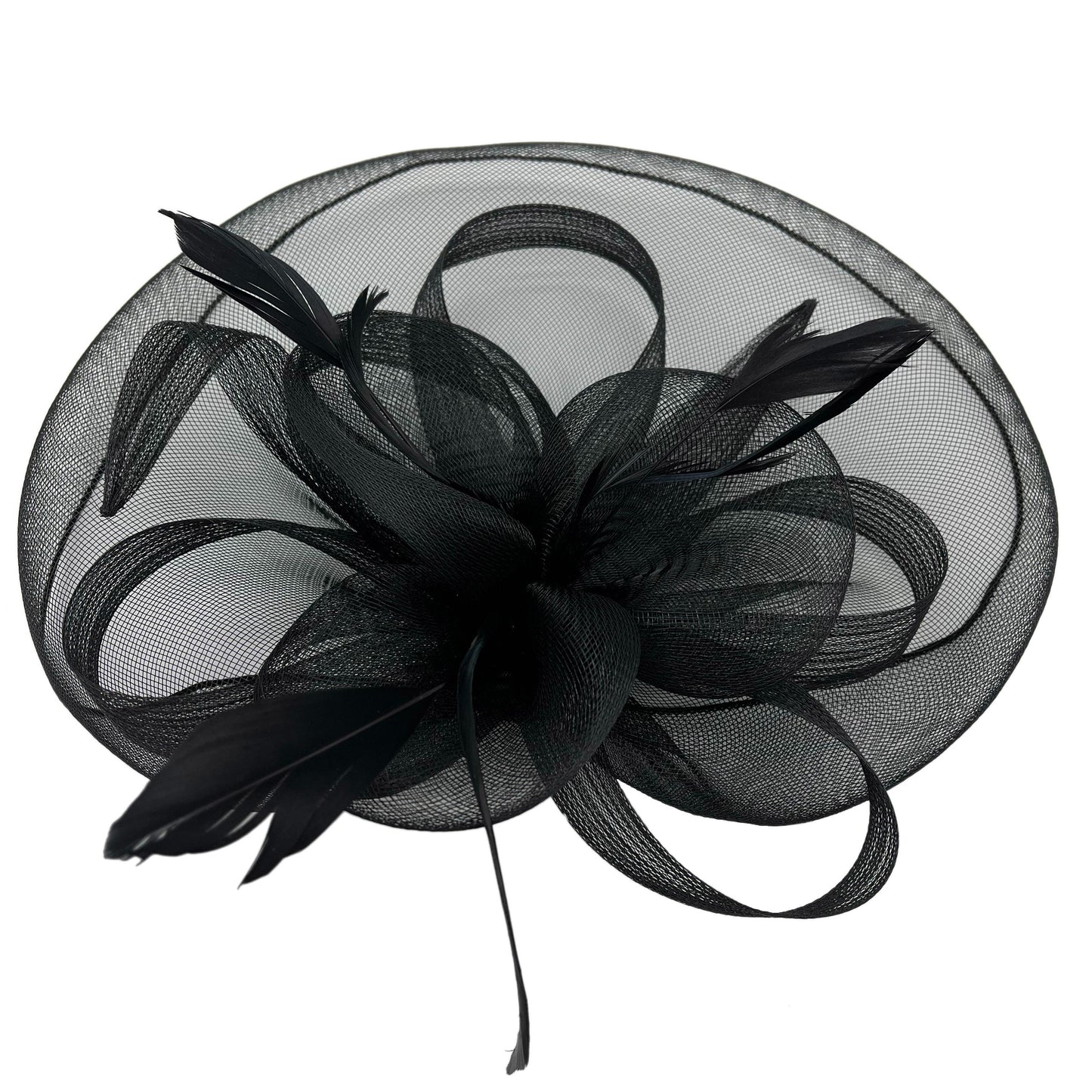 Large Mesh Net Fascinator with Side Flower & Feather