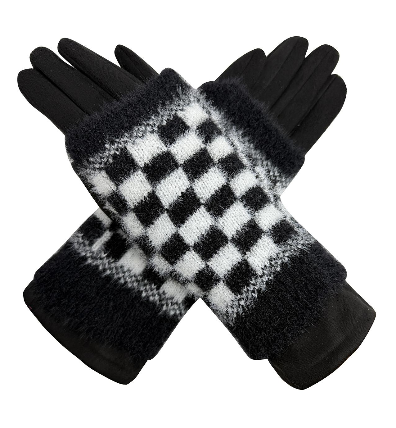 Warm Student Five-Finger Gloves for Women Winter with Lining and Thickening Cute for Cycling in Winter Checkerboard Design