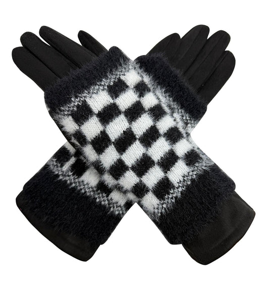 Warm Student Five-Finger Gloves for Women Winter with Lining and Thickening Cute for Cycling in Winter Checkerboard Design