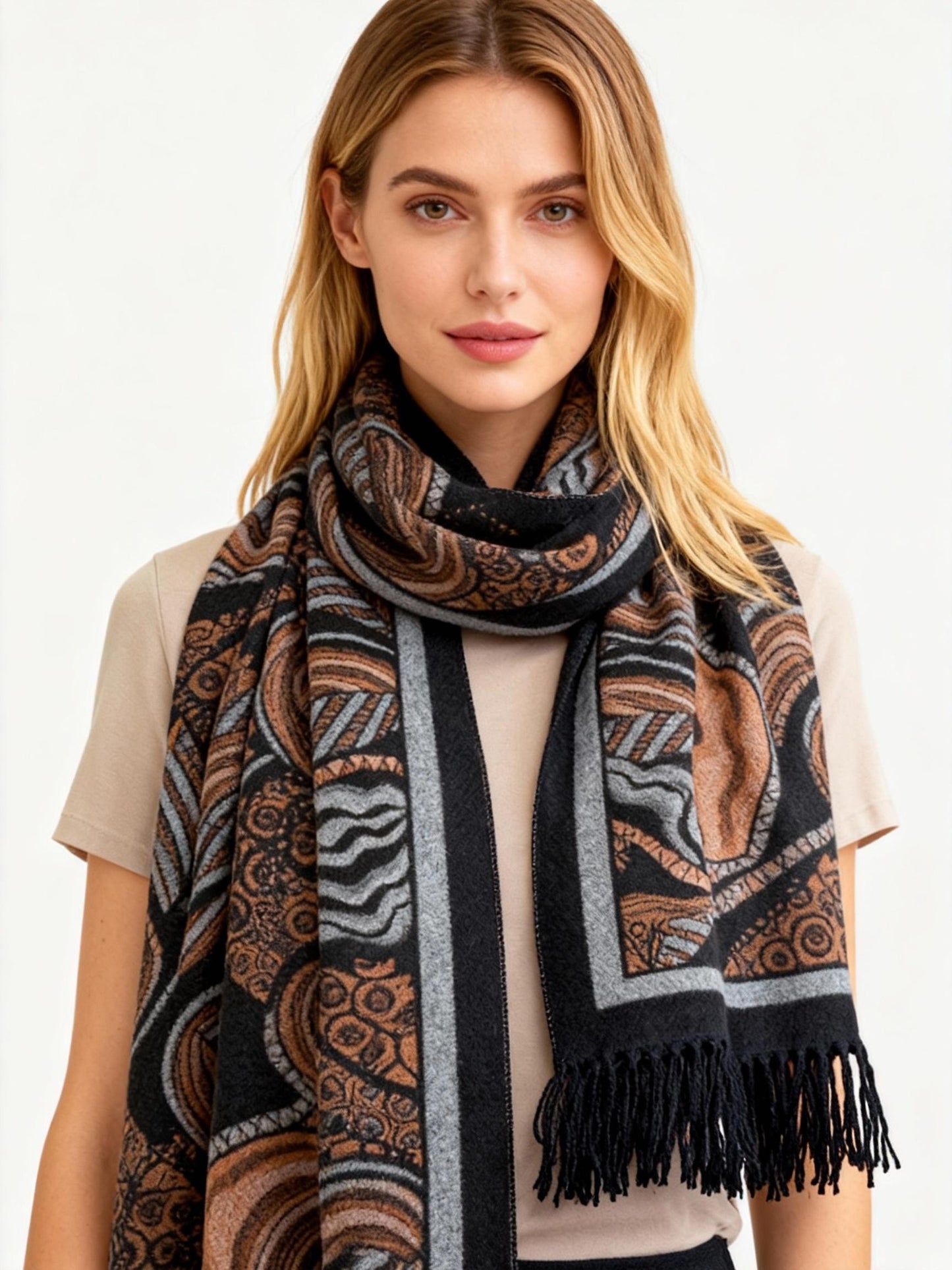 New Coming Winter Fashion Scarf Stylish Black Copper Pattern with Fringe Detail for Cozy Warmth in British English Language