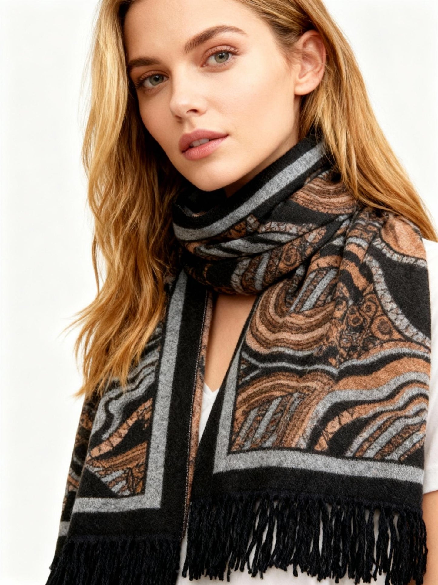 New Coming Winter Fashion Scarf Stylish Black Copper Pattern with Fringe Detail for Cozy Warmth in British English Language