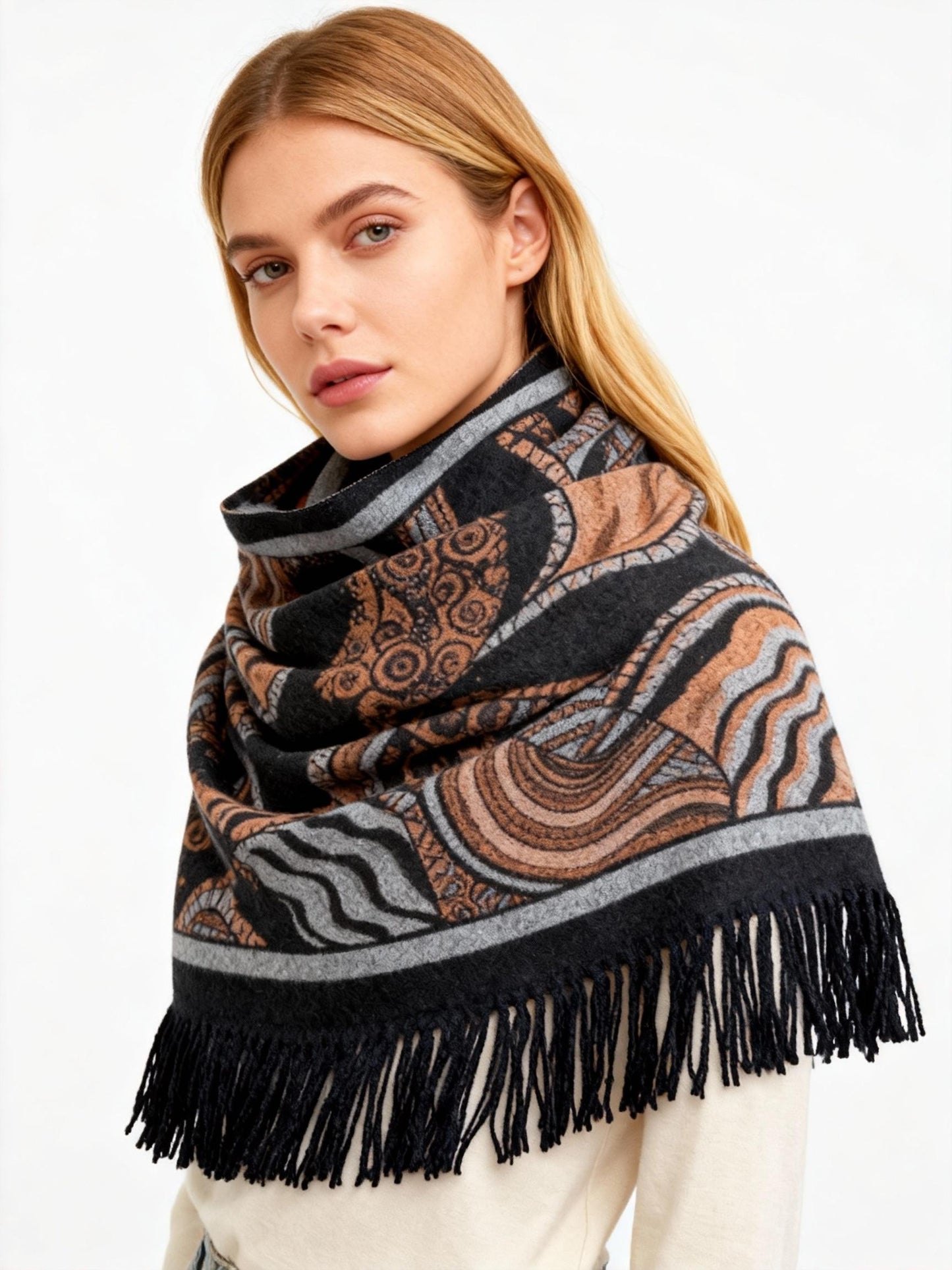 New Coming Winter Fashion Scarf Stylish Black Copper Pattern with Fringe Detail for Cozy Warmth in British English Language