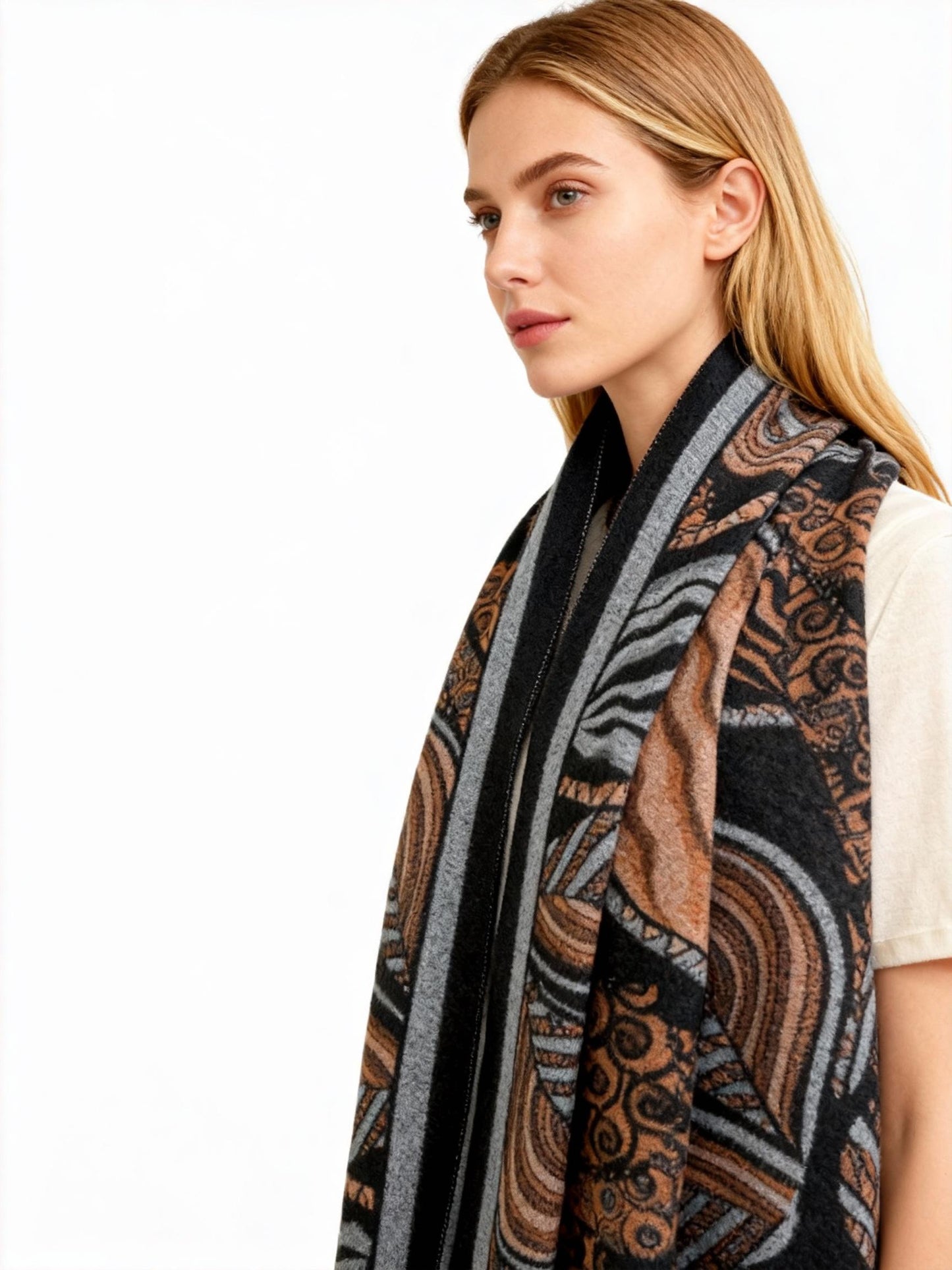 New Coming Winter Fashion Scarf Stylish Black Copper Pattern with Fringe Detail for Cozy Warmth in British English Language