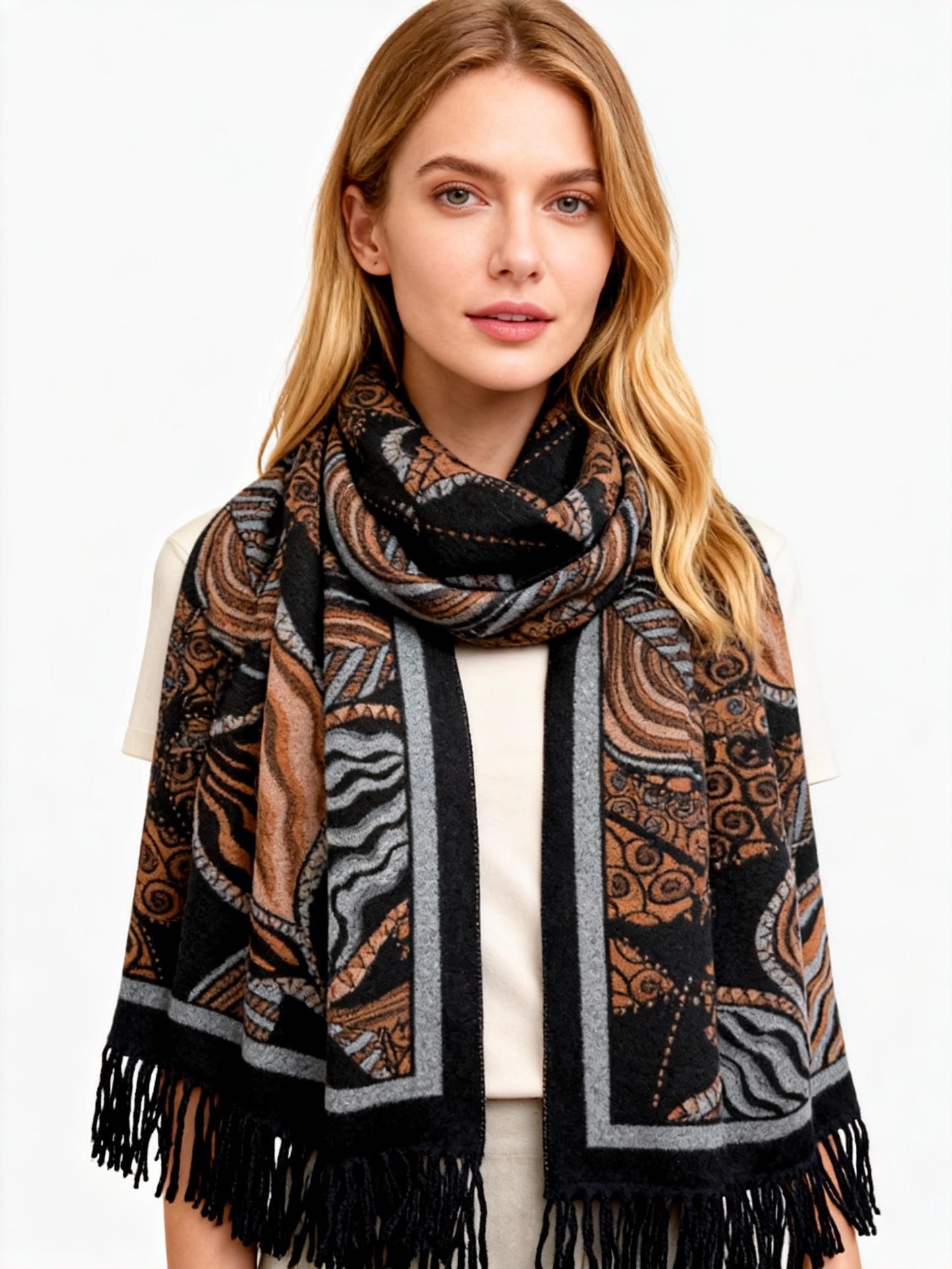 New Coming Winter Fashion Scarf Stylish Black Copper Pattern with Fringe Detail for Cozy Warmth in British English Language