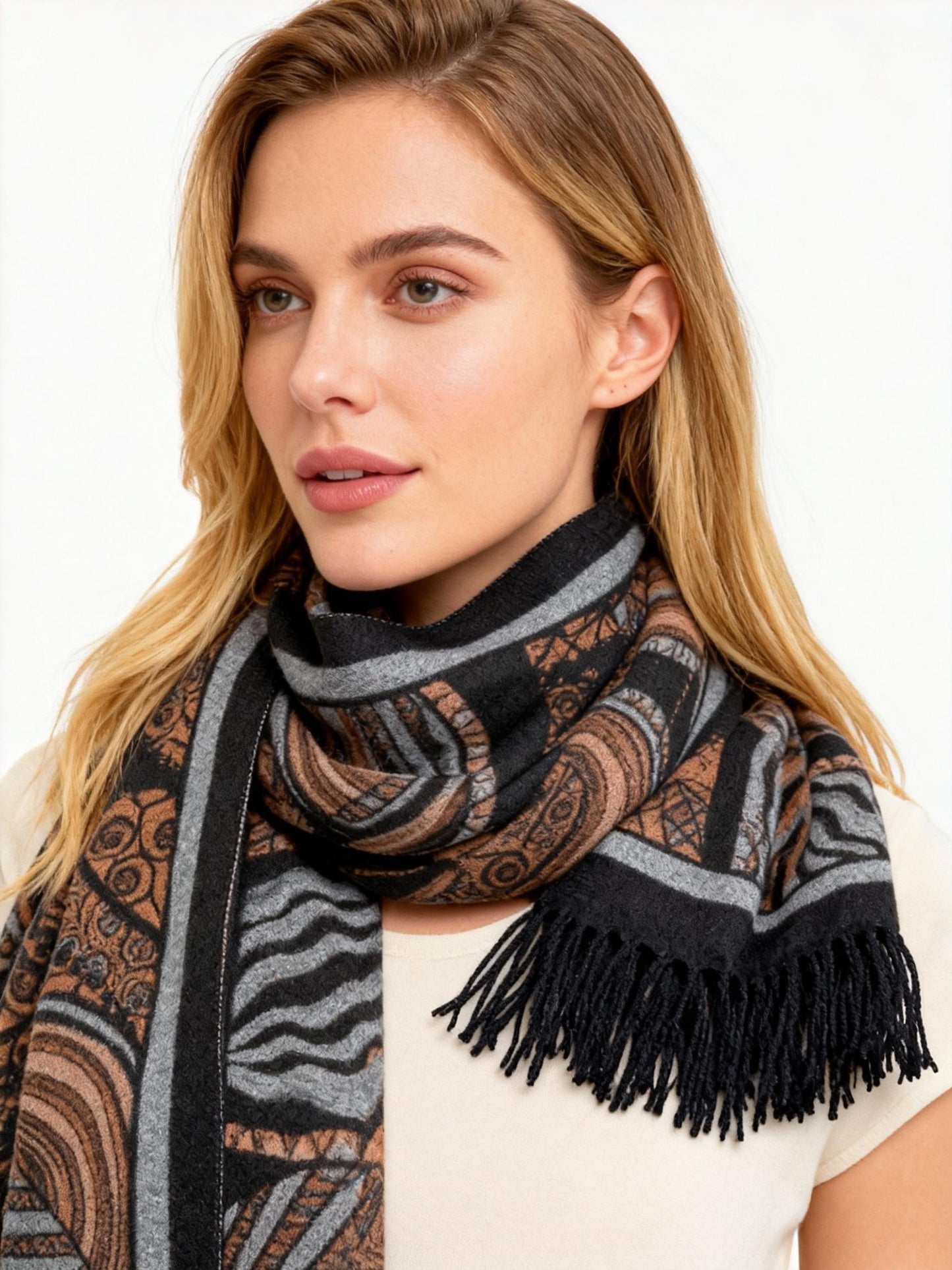 New Coming Winter Fashion Scarf Stylish Black Copper Pattern with Fringe Detail for Cozy Warmth in British English Language