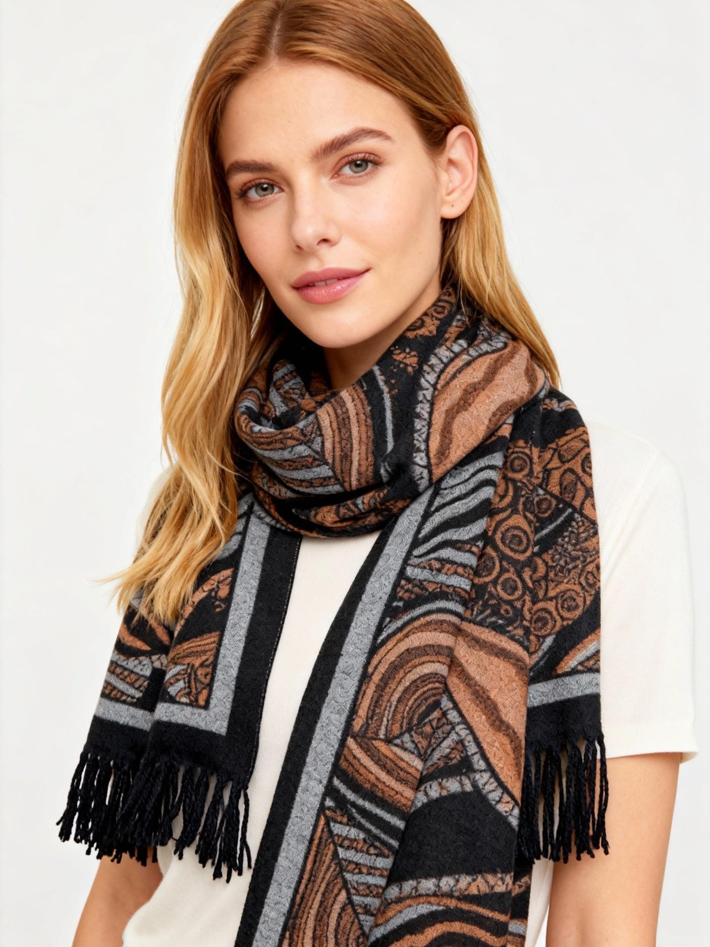 New Coming Winter Fashion Scarf Stylish Black Copper Pattern with Fringe Detail for Cozy Warmth in British English Language