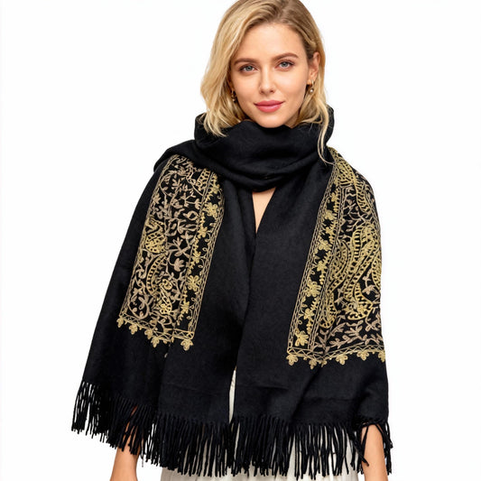 New Coming Winter Fashion Scarf with Gold Embroidery and Fringe Detail for Women Black and Gold Design