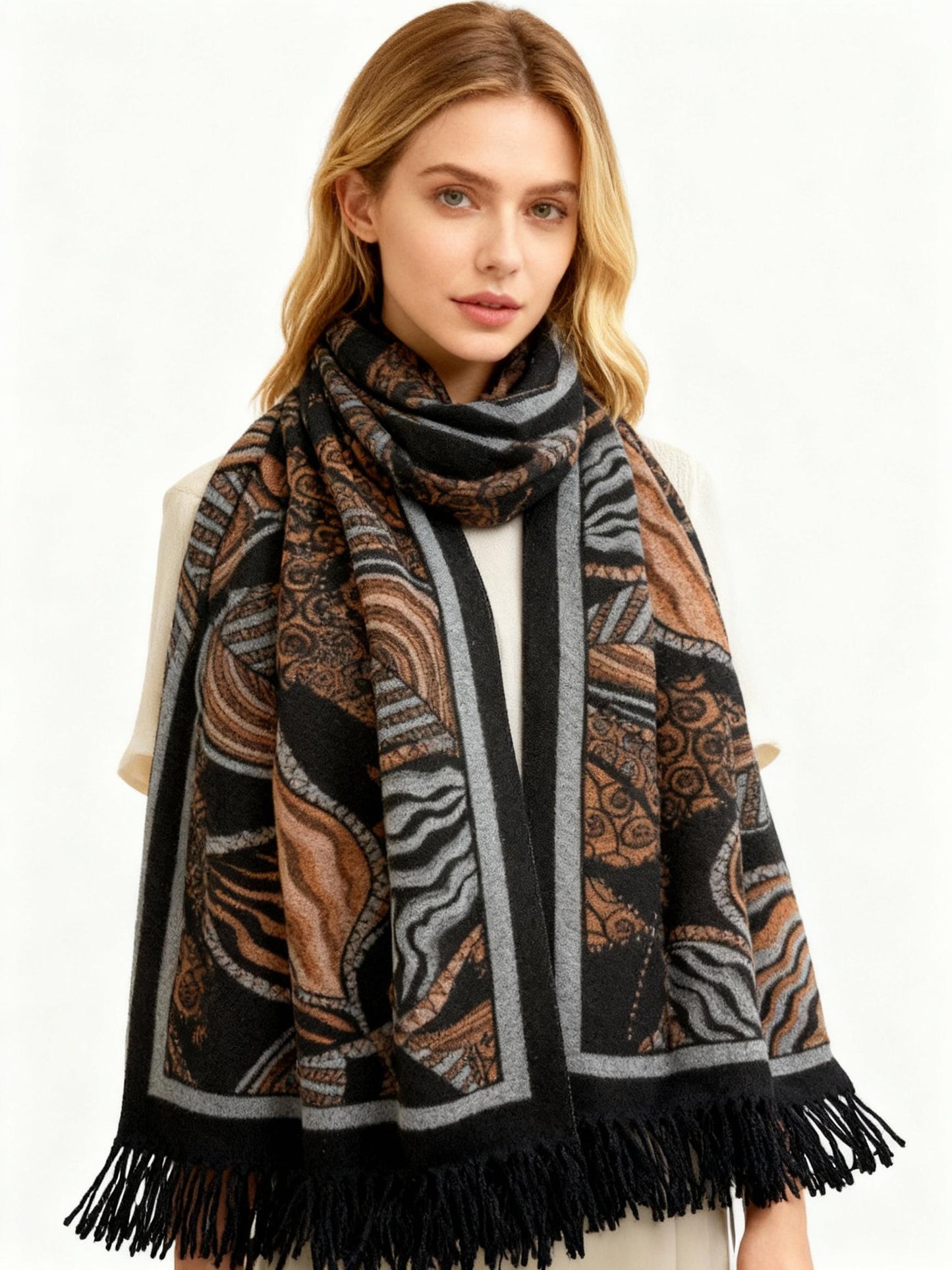 New Coming Winter Fashion Scarf Stylish Black Copper Pattern with Fringe Detail for Cozy Warmth in British English Language