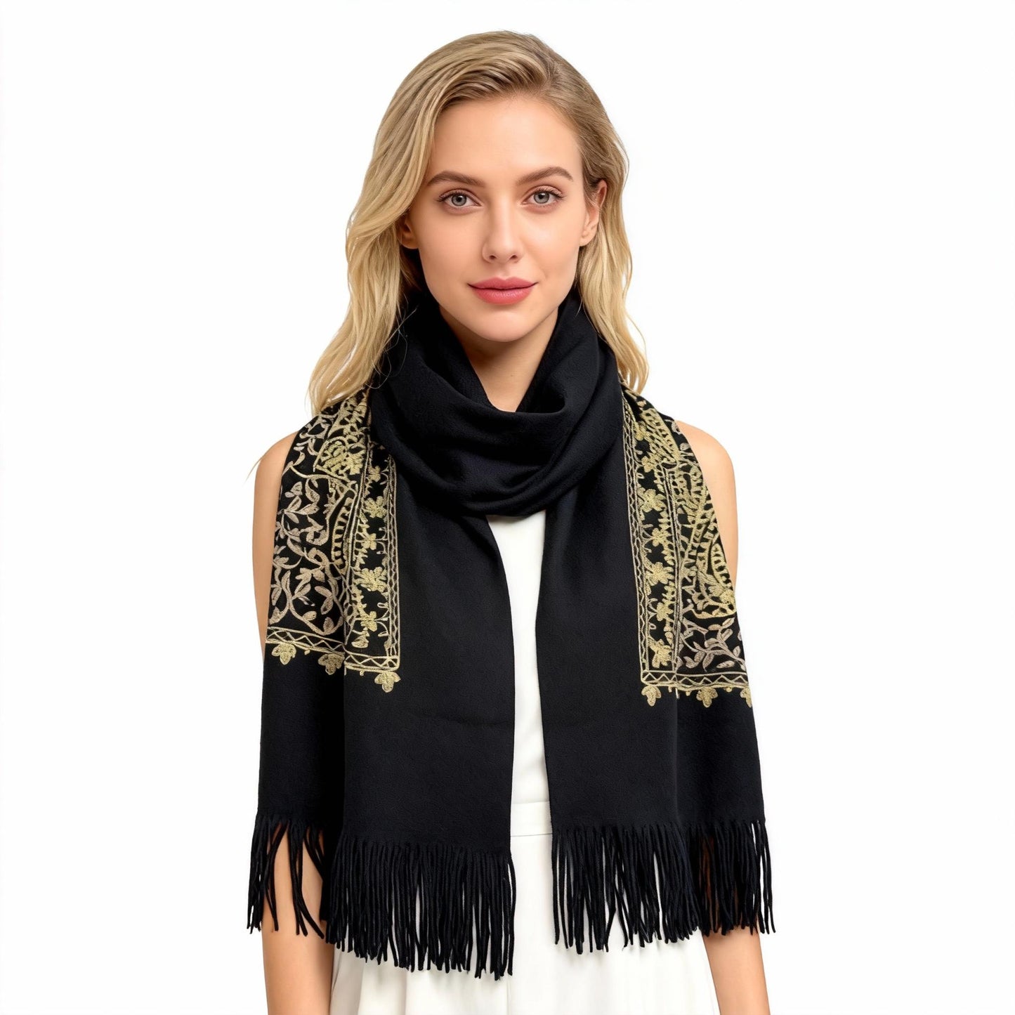 New Coming Winter Fashion Scarf with Gold Embroidery and Fringe Detail for Women Black and Gold Design