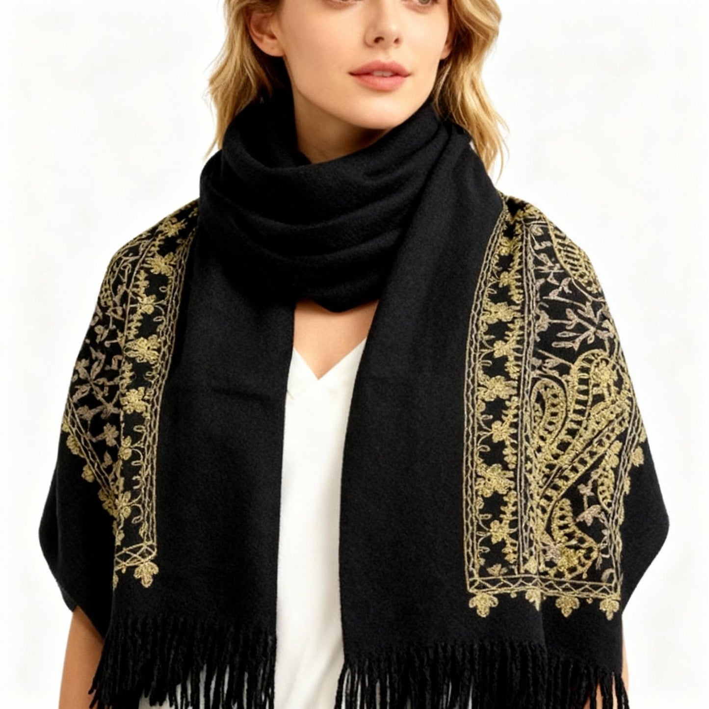 New Coming Winter Fashion Scarf with Gold Embroidery and Fringe Detail for Women Black and Gold Design
