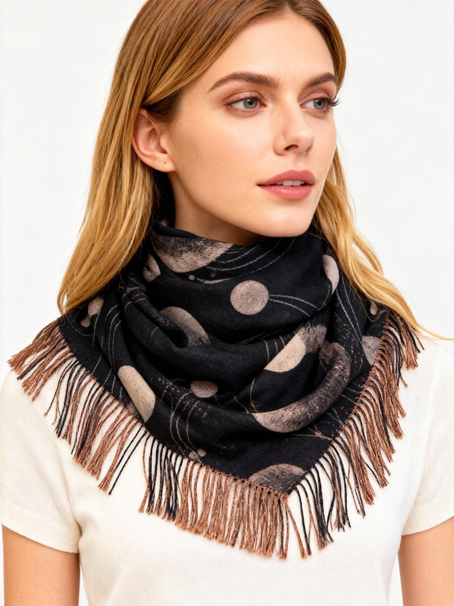 New Coming Winter Fashion Scarf with Polka Dot Design and Fringe Detail for Women in Black and Beige