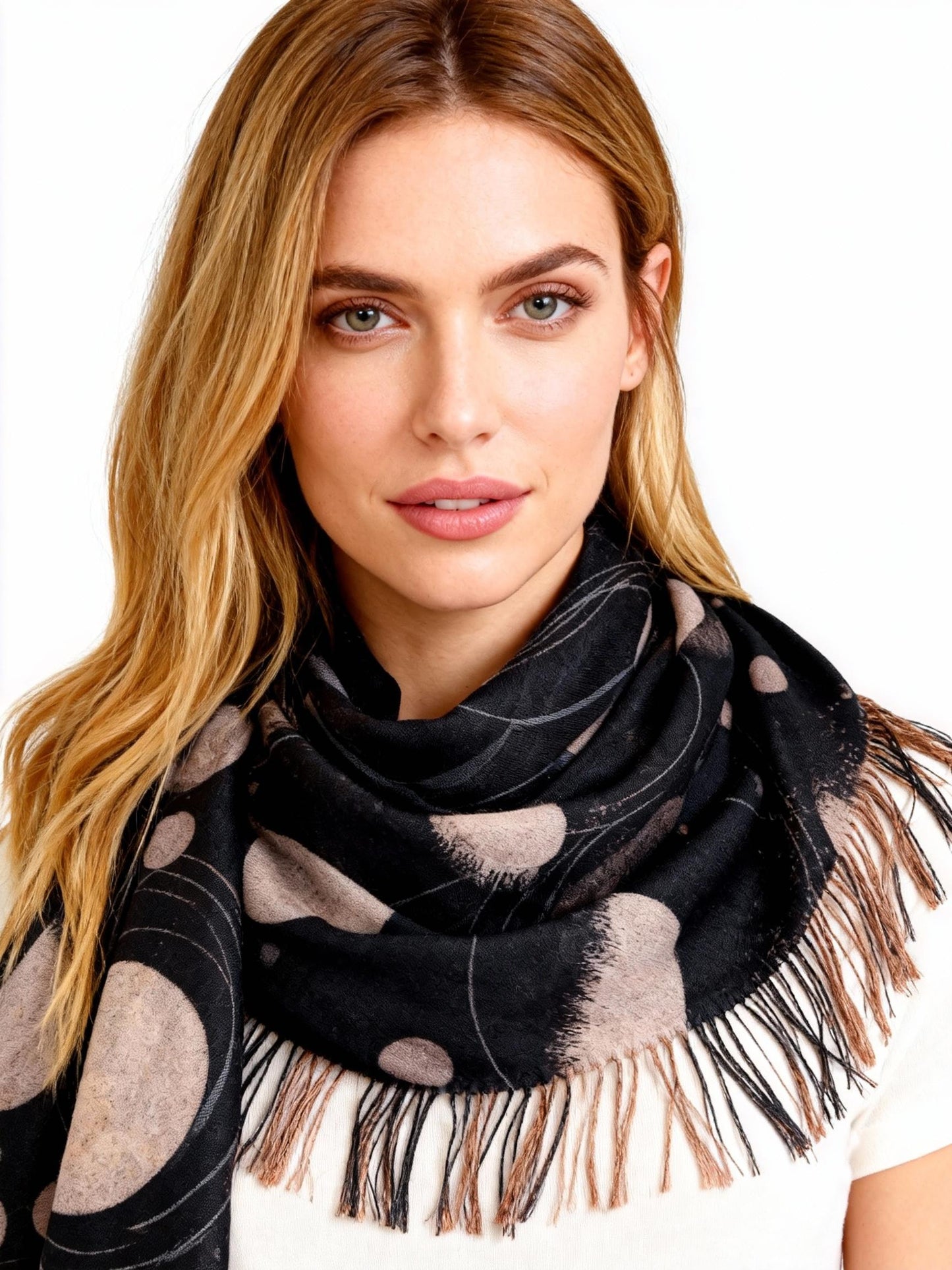 New Coming Winter Fashion Scarf with Polka Dot Design and Fringe Detail for Women in Black and Beige