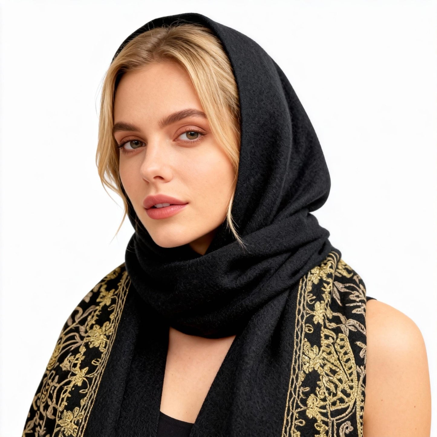 New Coming Winter Fashion Scarf with Gold Embroidery and Fringe Detail for Women Black and Gold Design