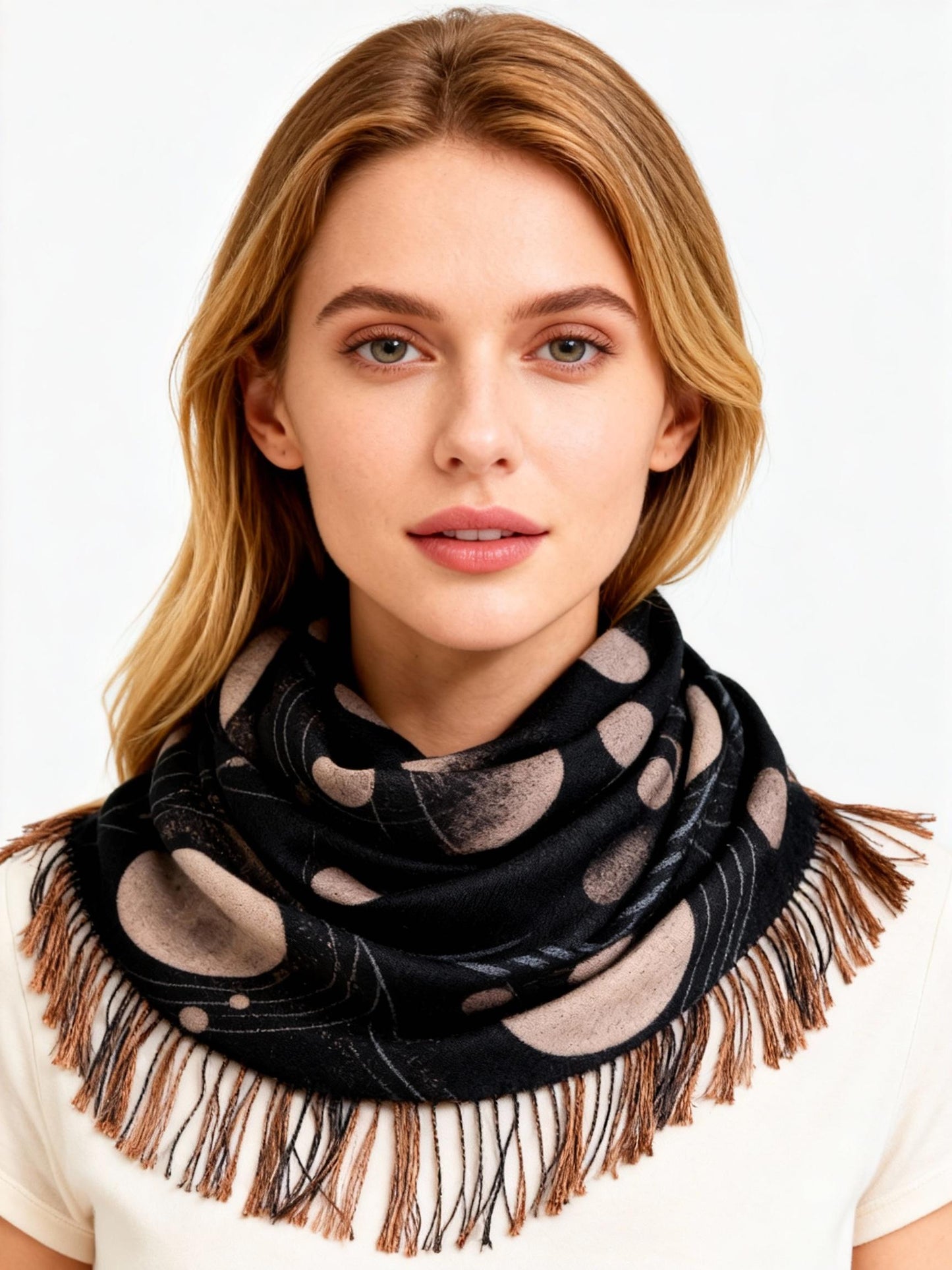 New Coming Winter Fashion Scarf with Polka Dot Design and Fringe Detail for Women in Black and Beige