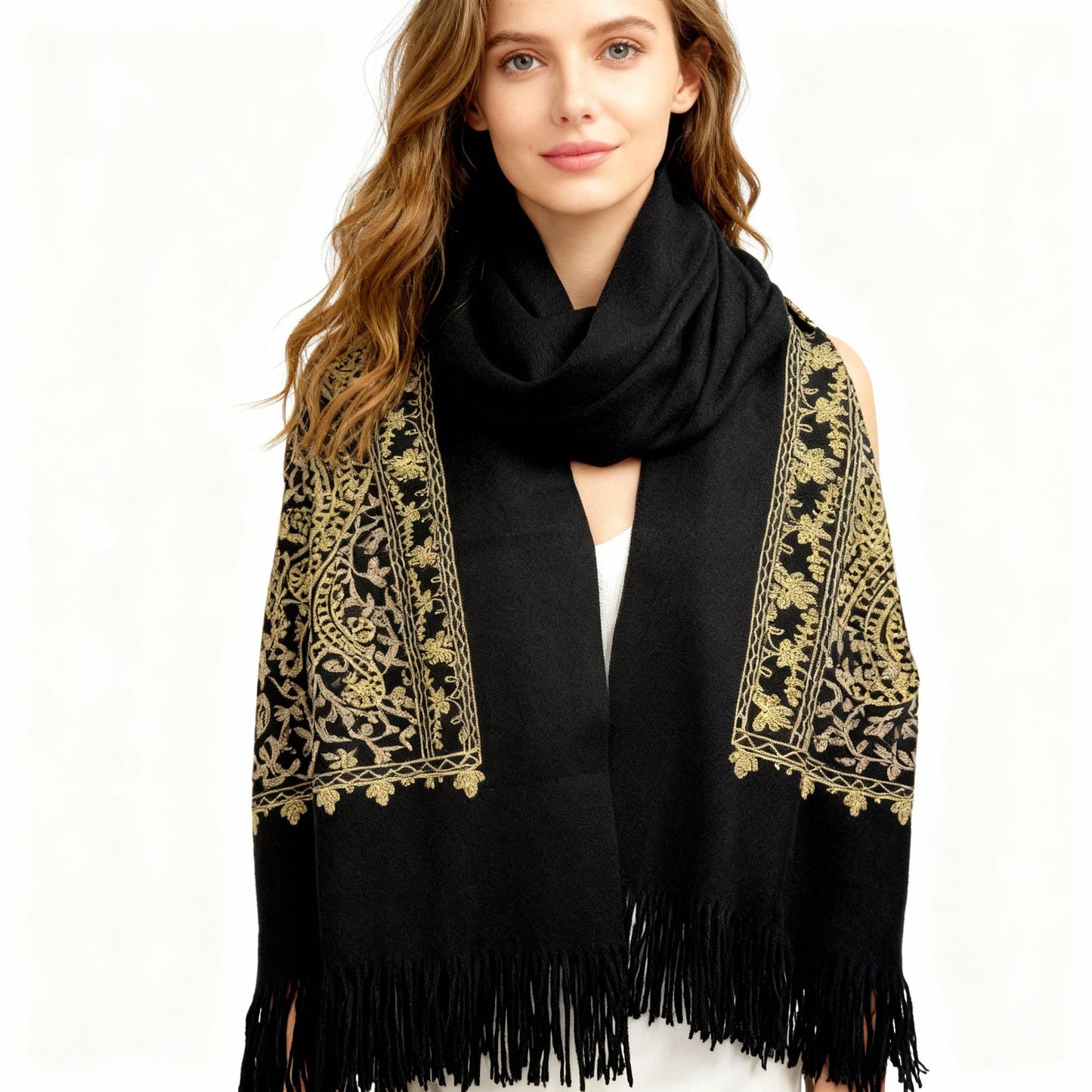 New Coming Winter Fashion Scarf with Gold Embroidery and Fringe Detail for Women Black and Gold Design