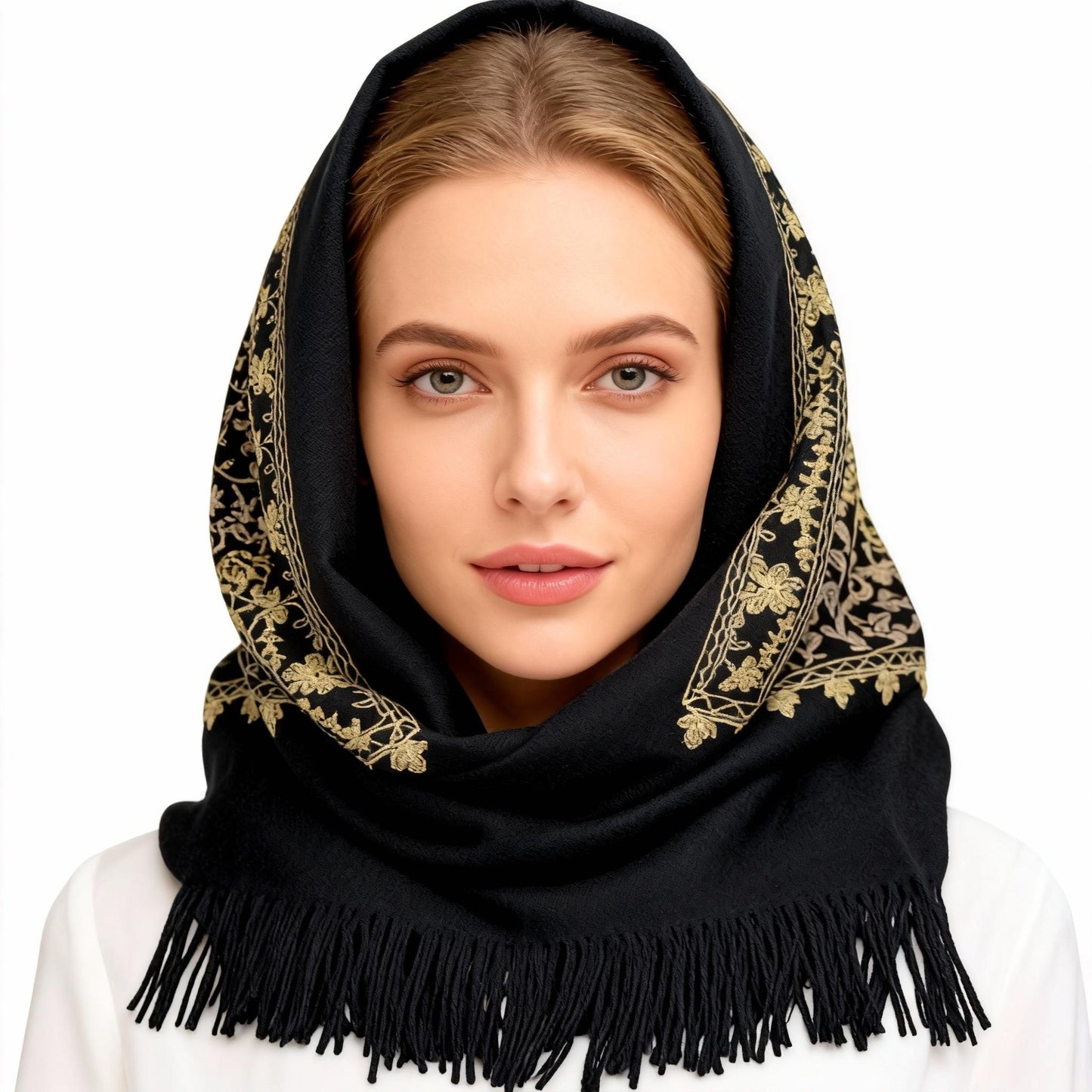 New Coming Winter Fashion Scarf with Gold Embroidery and Fringe Detail for Women Black and Gold Design