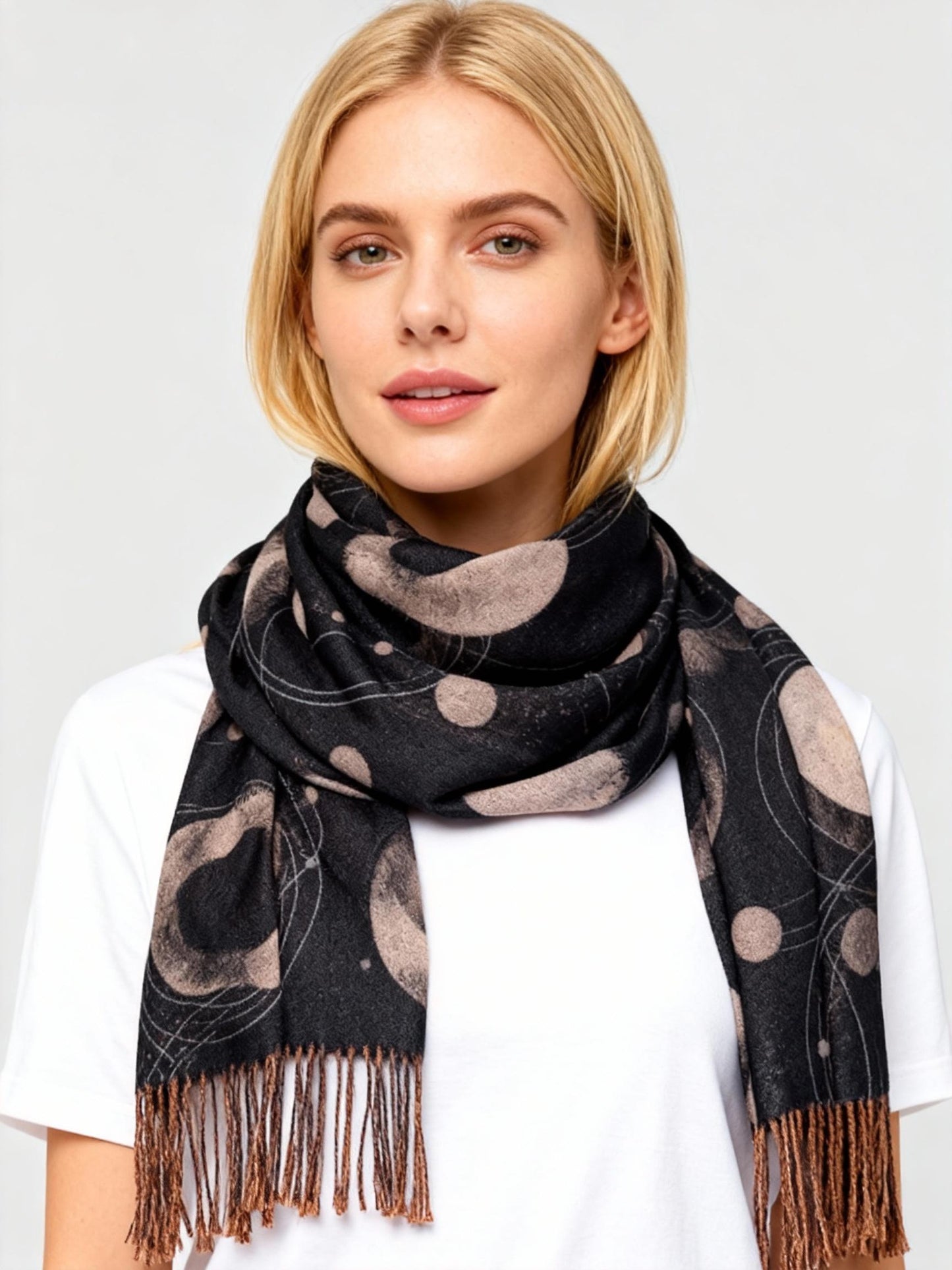 New Coming Winter Fashion Scarf with Polka Dot Design and Fringe Detail for Women in Black and Beige