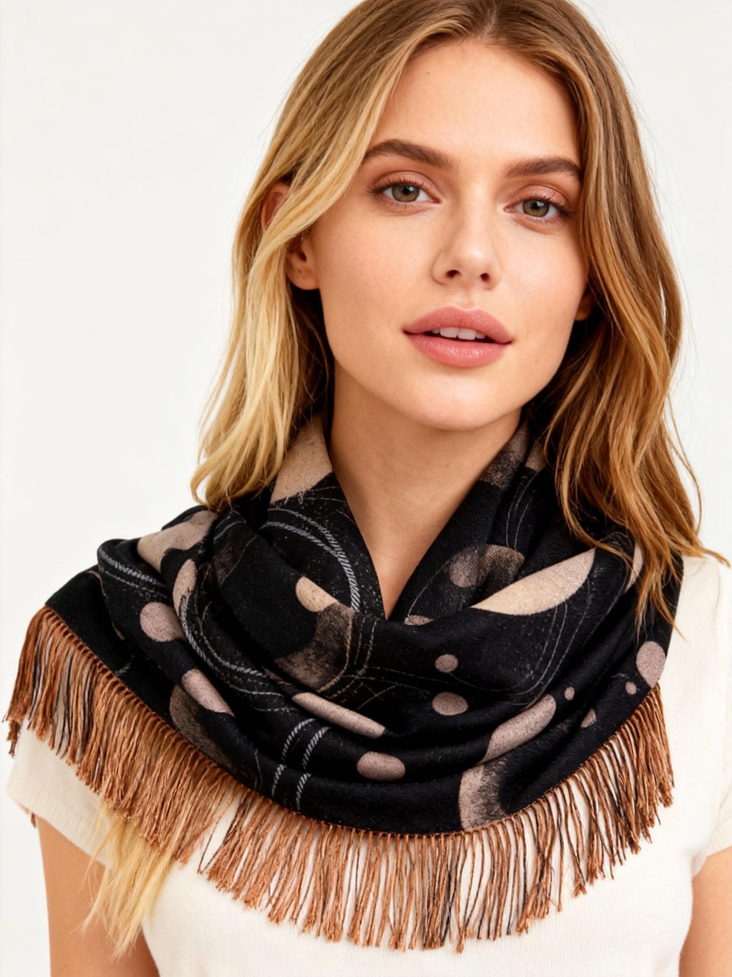 New Coming Winter Fashion Scarf with Polka Dot Design and Fringe Detail for Women in Black and Beige