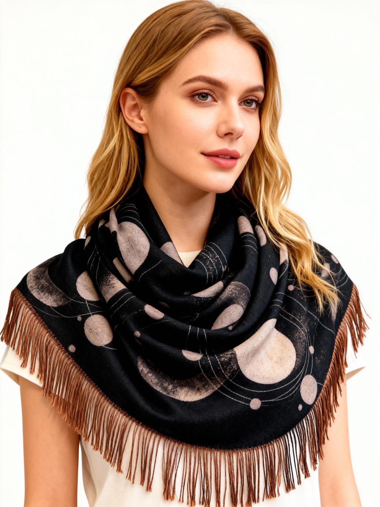 New Coming Winter Fashion Scarf with Polka Dot Design and Fringe Detail for Women in Black and Beige