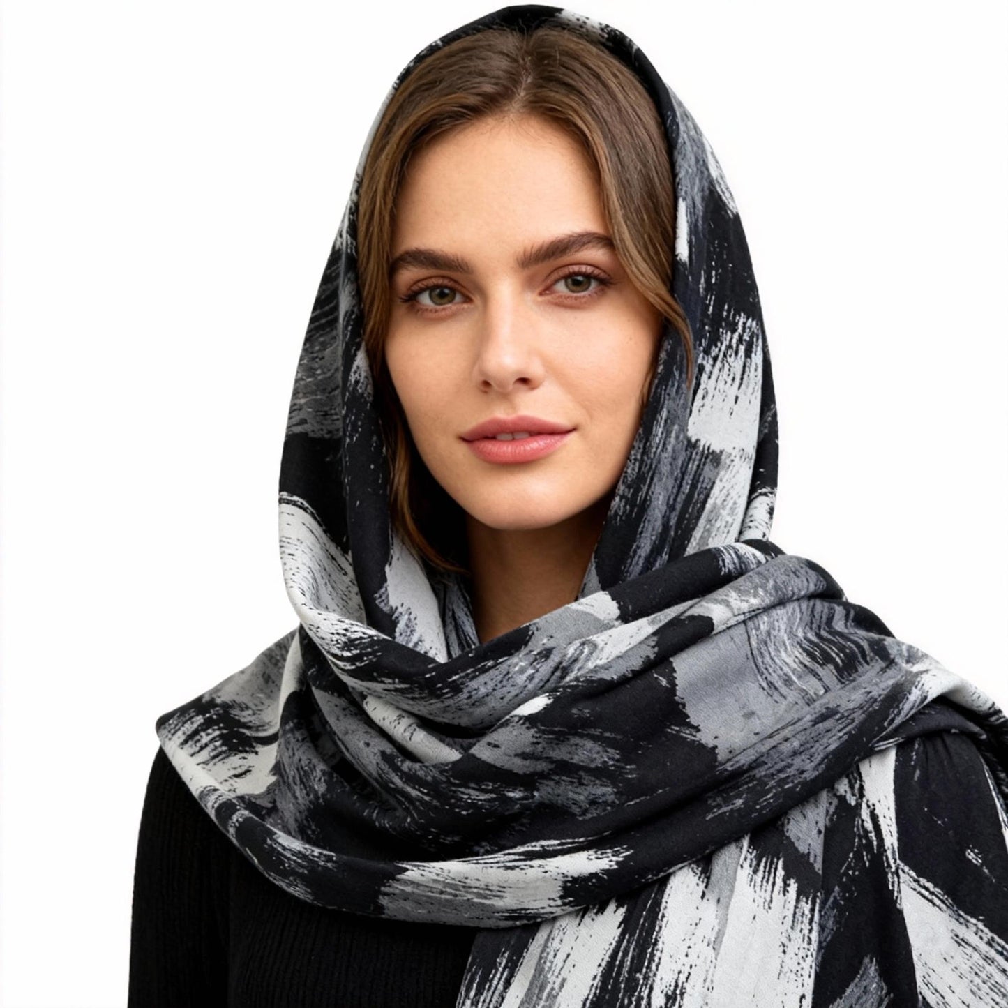 New Coming Winter Fashion Scarf Stylish Black & White Abstract Print Shawl for Women Elegant and Versatile Accessory