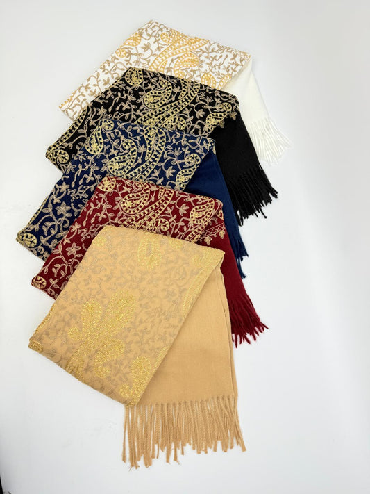 New Coming Winter Fashion Scarf in Rich Gold Navy and Red with Elegant Fringe Detail for Stylish Warmth