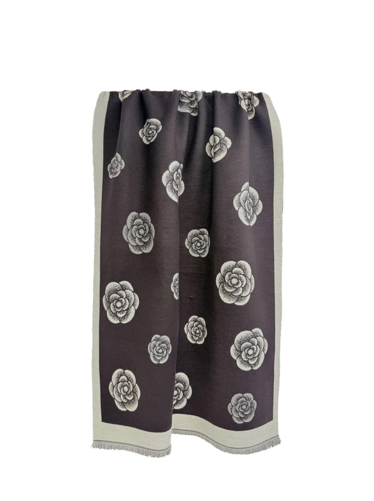 Floral Pattern Scarf with Rose Design, Grey and Cream, Fringed Border