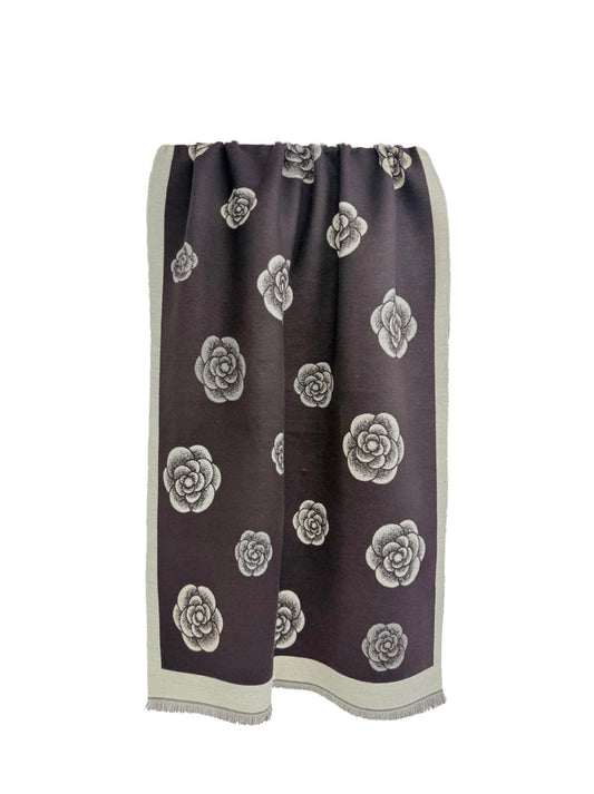 Floral Pattern Scarf with Rose Design, Grey and Cream, Fringed Border