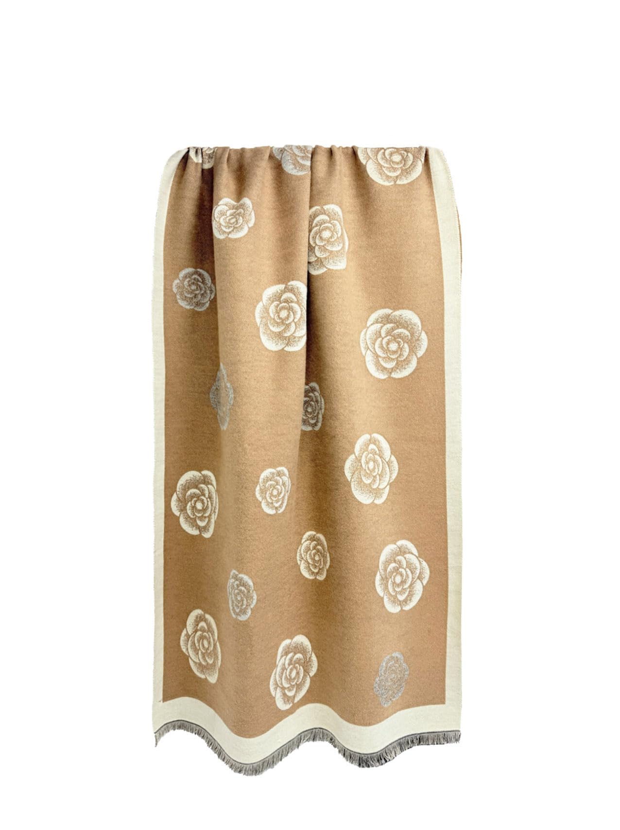 Floral Pattern Scarf with Rose Design, Grey and Cream, Fringed Border