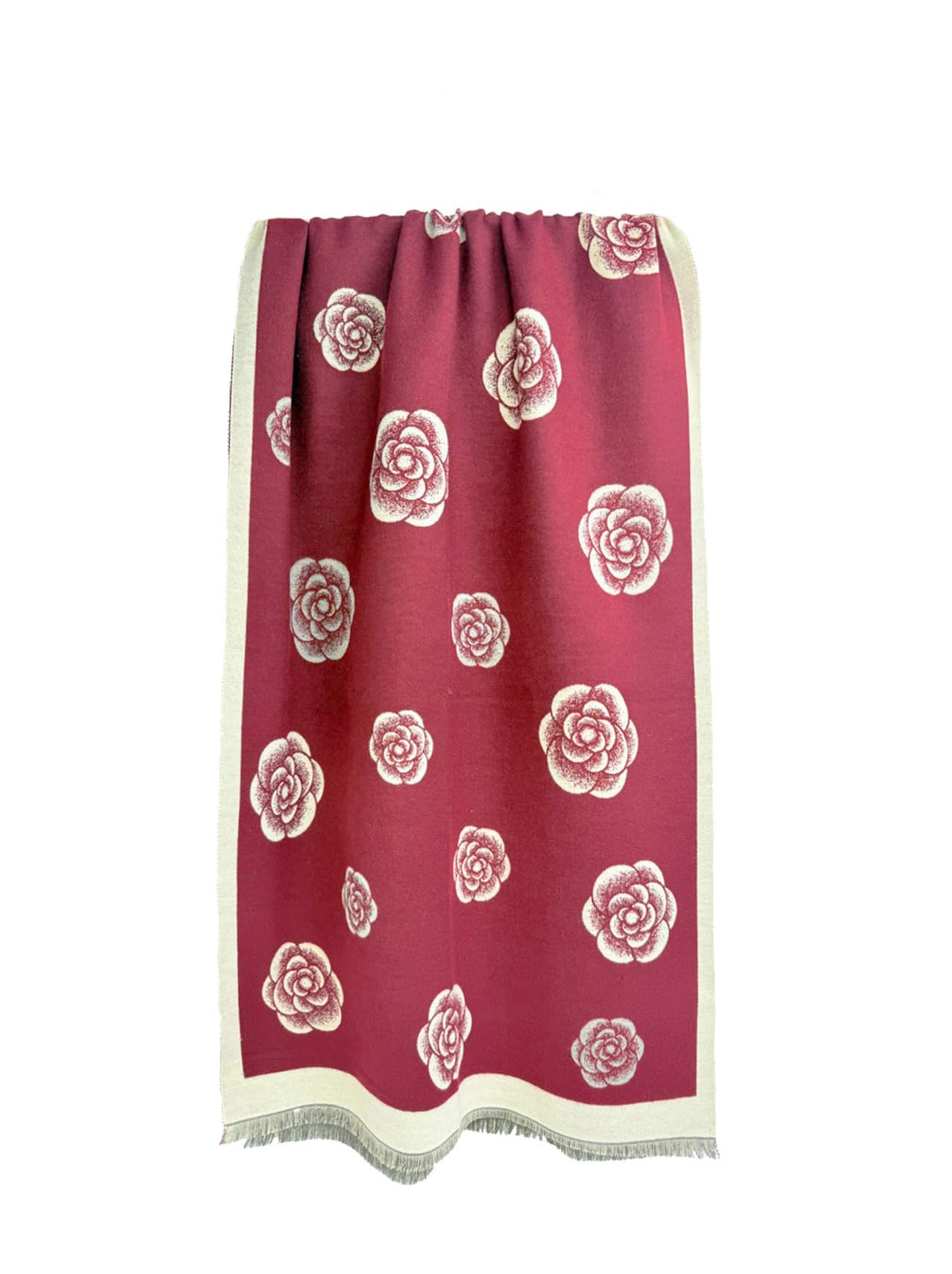 Floral Pattern Scarf with Rose Design, Grey and Cream, Fringed Border