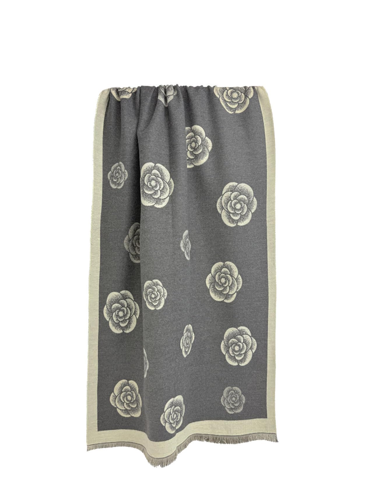 Floral Pattern Scarf with Rose Design, Grey and Cream, Fringed Border
