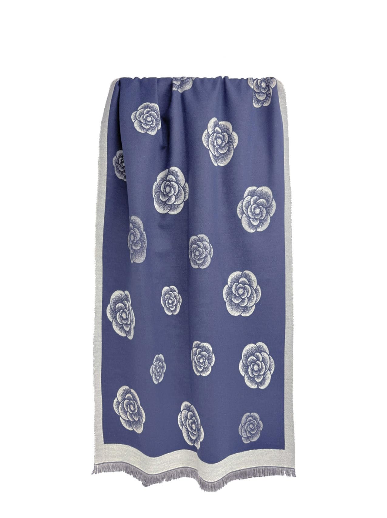 Floral Pattern Scarf with Rose Design, Grey and Cream, Fringed Border