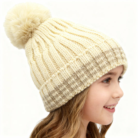 Autumn and Winter New Knitted Hat with Wool Ball and Thick Velvet for Warmth British English Style Beige Striped Design