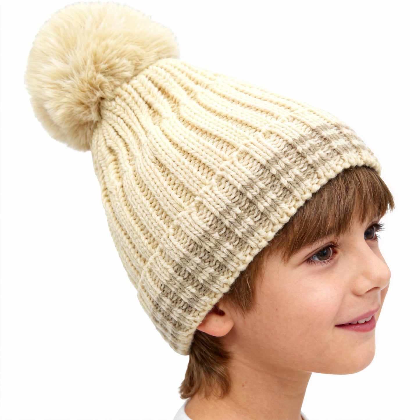 Autumn and Winter New Knitted Hat with Wool Ball and Thick Velvet for Warmth British English Style Beige Striped Design