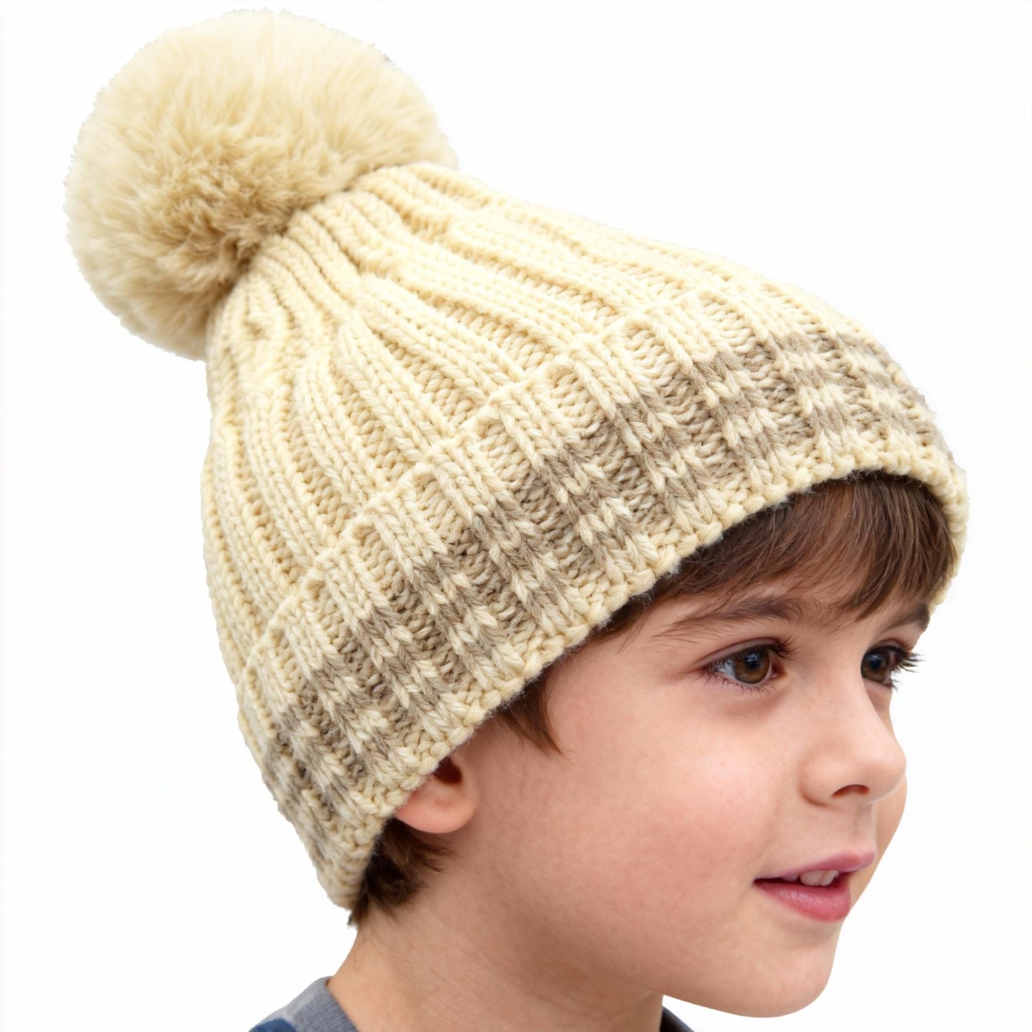 Autumn and Winter New Knitted Hat with Wool Ball and Thick Velvet for Warmth British English Style Beige Striped Design