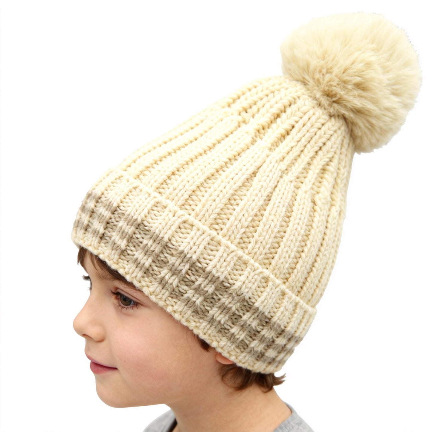 Autumn and Winter New Knitted Hat with Wool Ball and Thick Velvet for Warmth British English Style Beige Striped Design