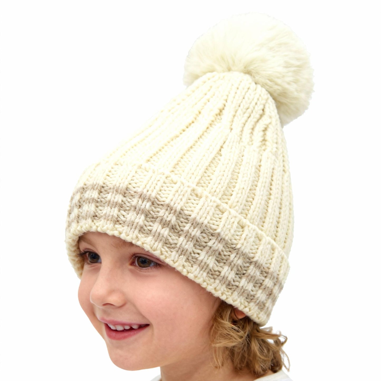 Autumn and Winter New Knitted Hat with Wool Ball and Thick Velvet for Warmth British English Style Beige Striped Design