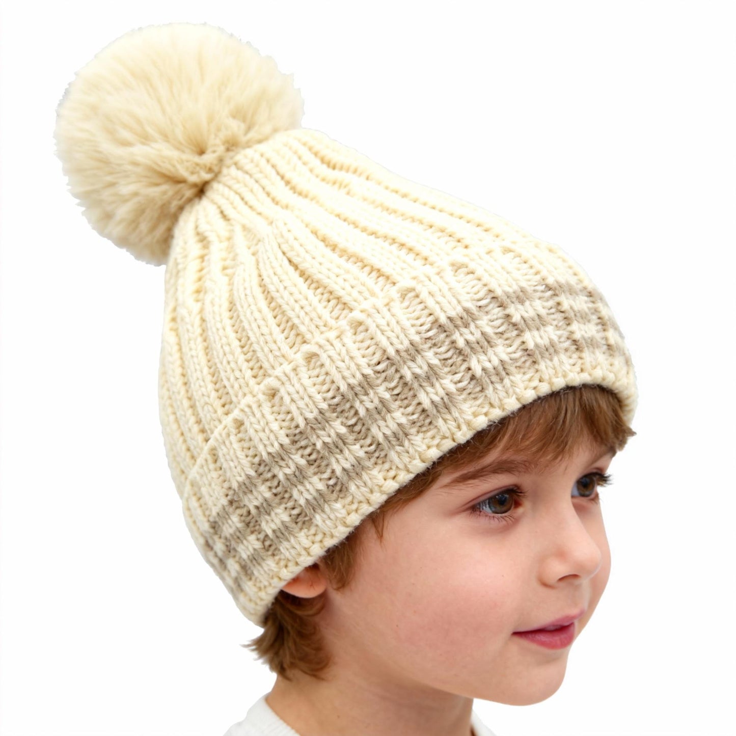 Autumn and Winter New Knitted Hat with Wool Ball and Thick Velvet for Warmth British English Style Beige Striped Design