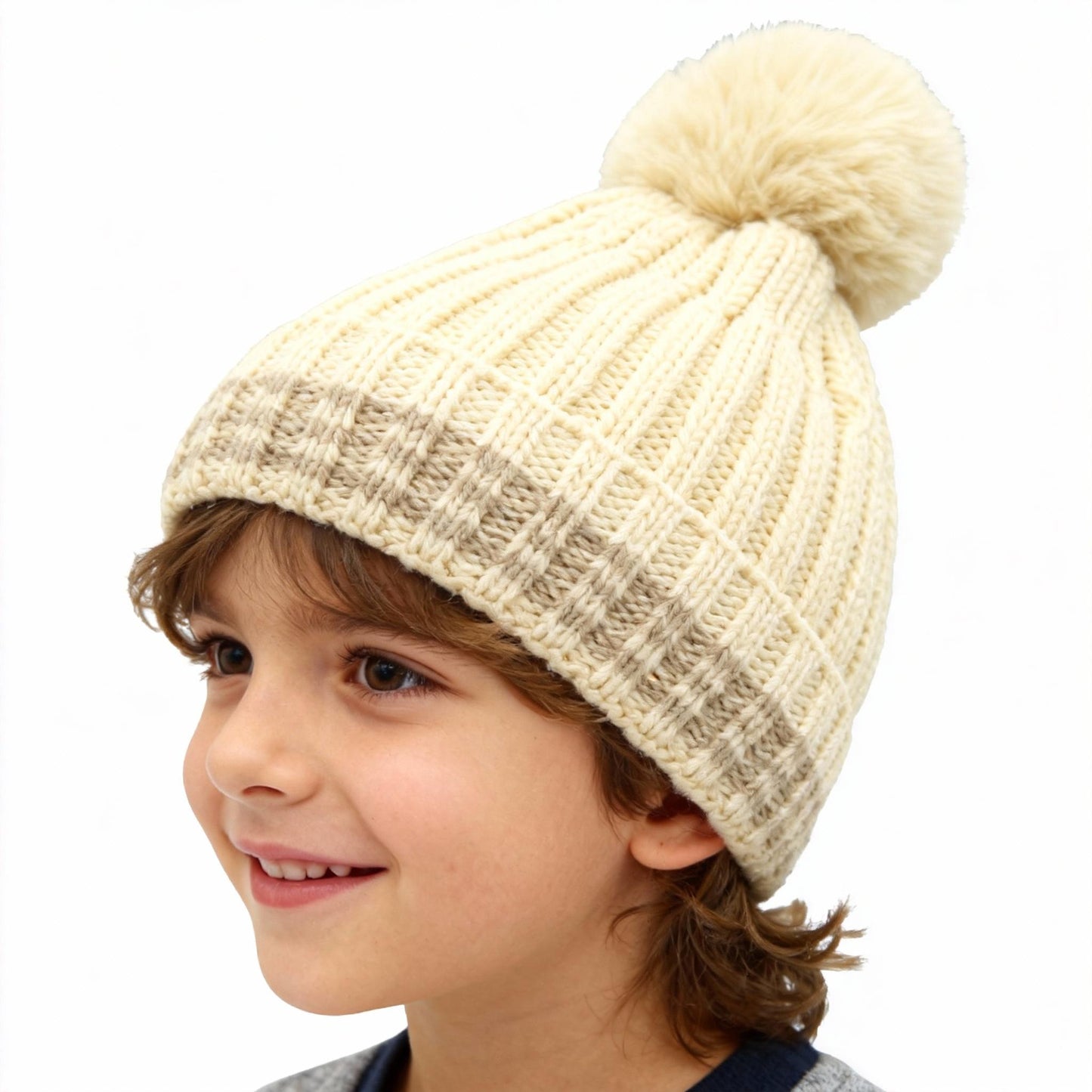 Autumn and Winter New Knitted Hat with Wool Ball and Thick Velvet for Warmth British English Style Beige Striped Design