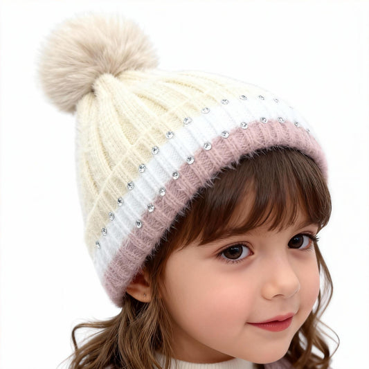 Winter New Velvet Warm Ear Protection Knitted Hat for Children Cute Plush Splicing Hoodie Riding Windproof with Rhinestone Detail