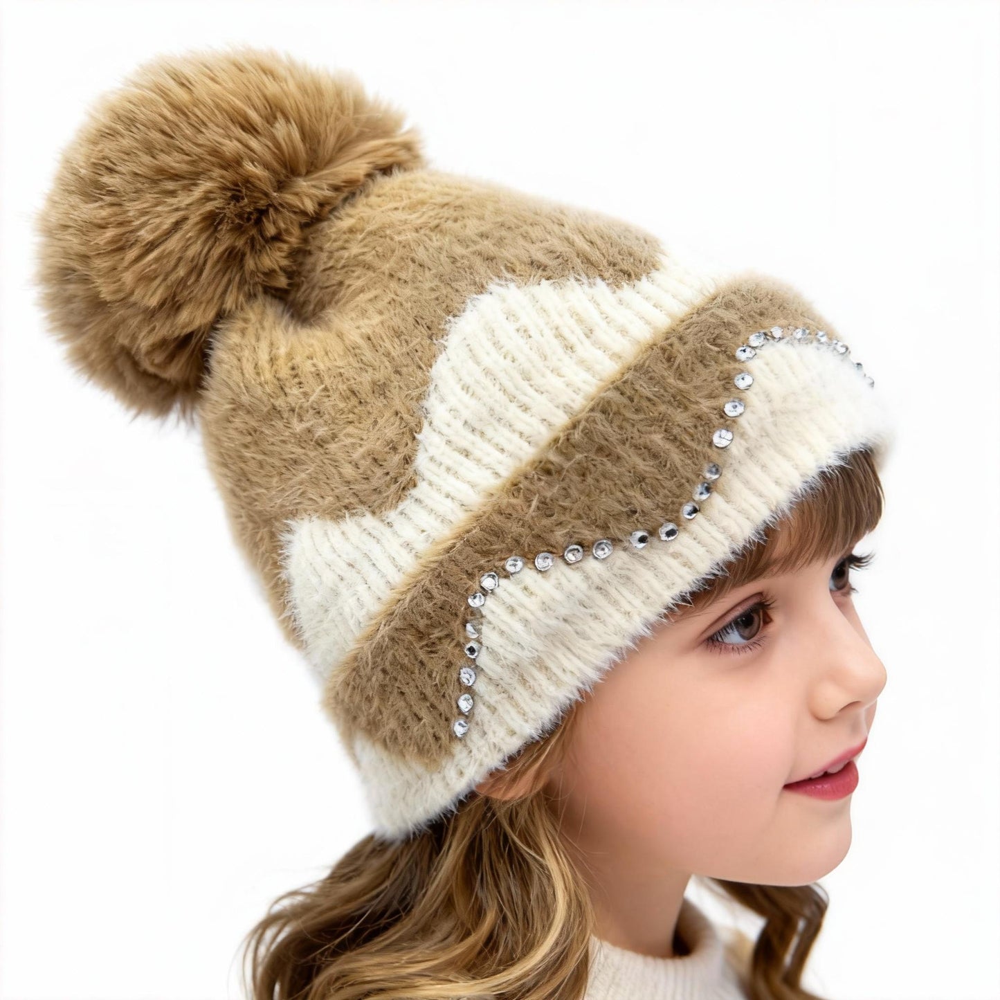 Double Layer Warm Plush Thickened Wool Ball Ear Protection Knitted Hat for Women Fashionable Jacquard Color Blocked Style