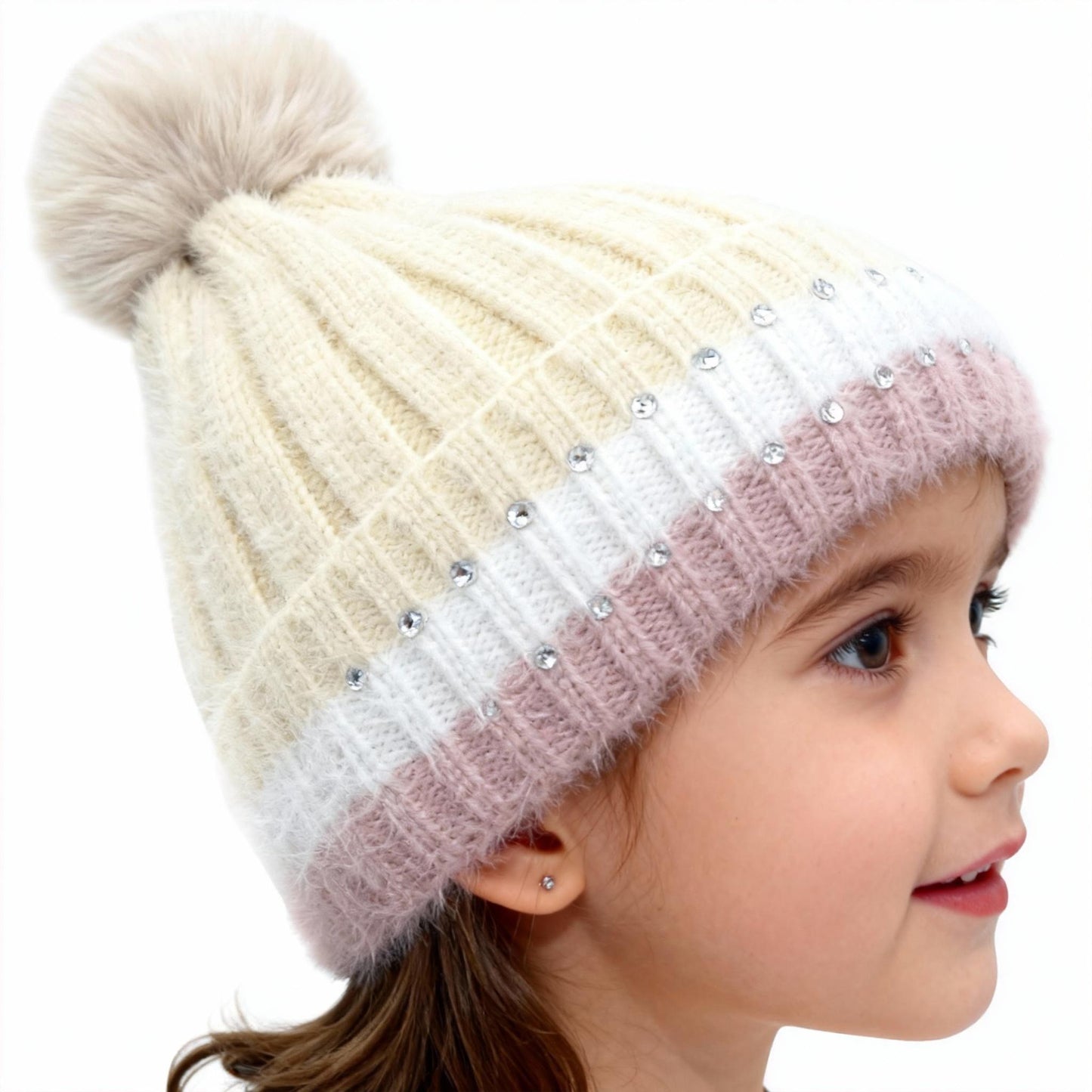 Winter New Velvet Warm Ear Protection Knitted Hat for Children Cute Plush Splicing Hoodie Riding Windproof with Rhinestone Detail